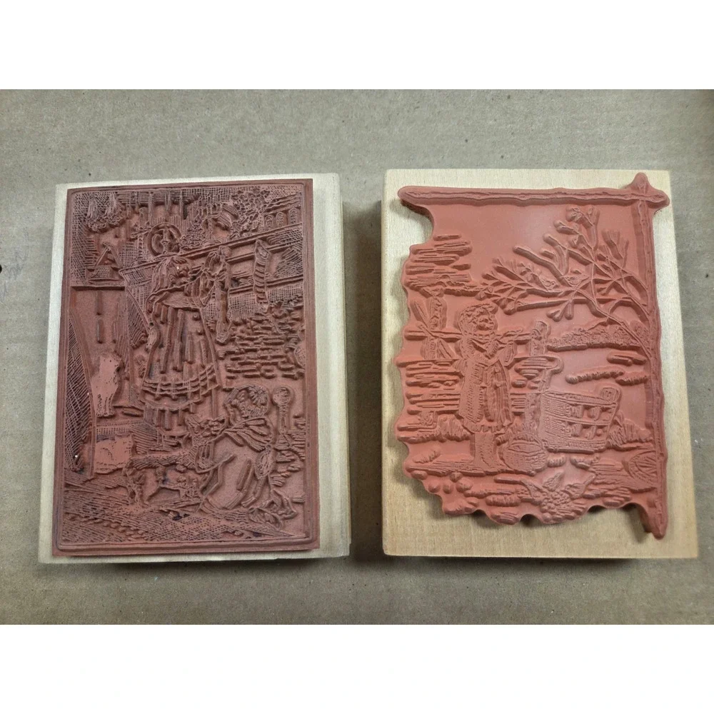 Tasha Tudor Rubber Wooden Block Rubber Ink Stamp Christmas Holiday Winter Set